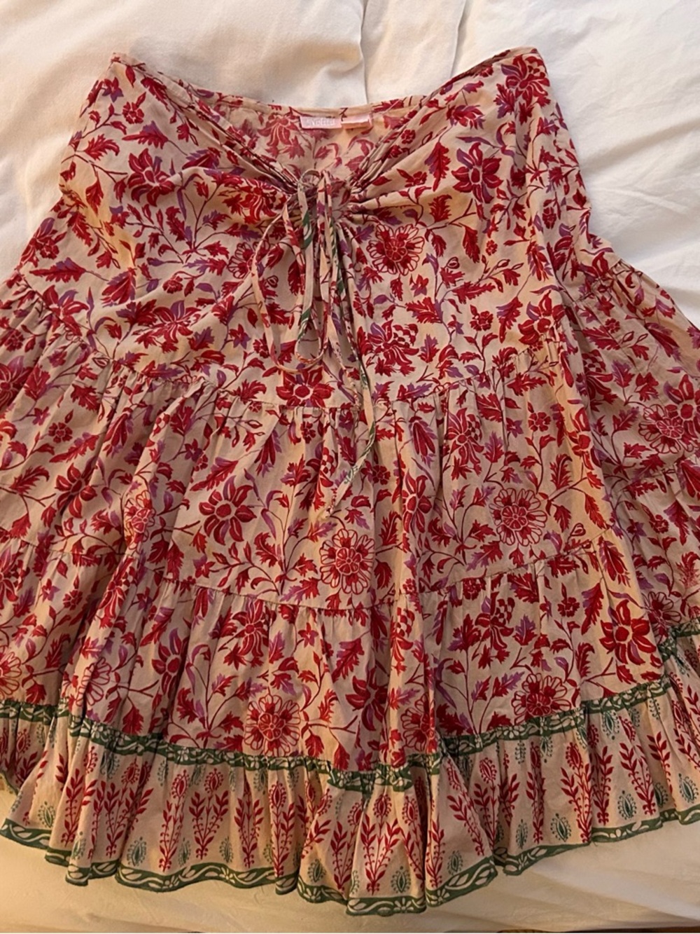 Floral Tiered Skater Midi Skirt in Red and Cream